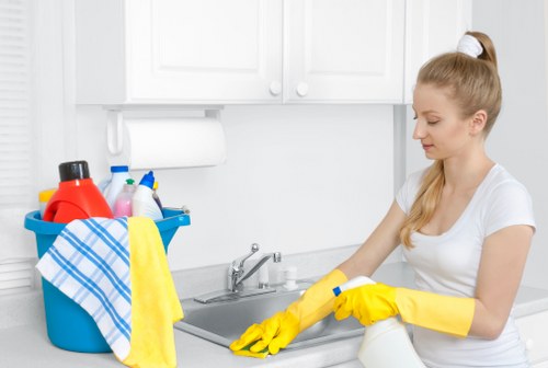Home cleaner dusting and vacuuming in a Battersea apartment